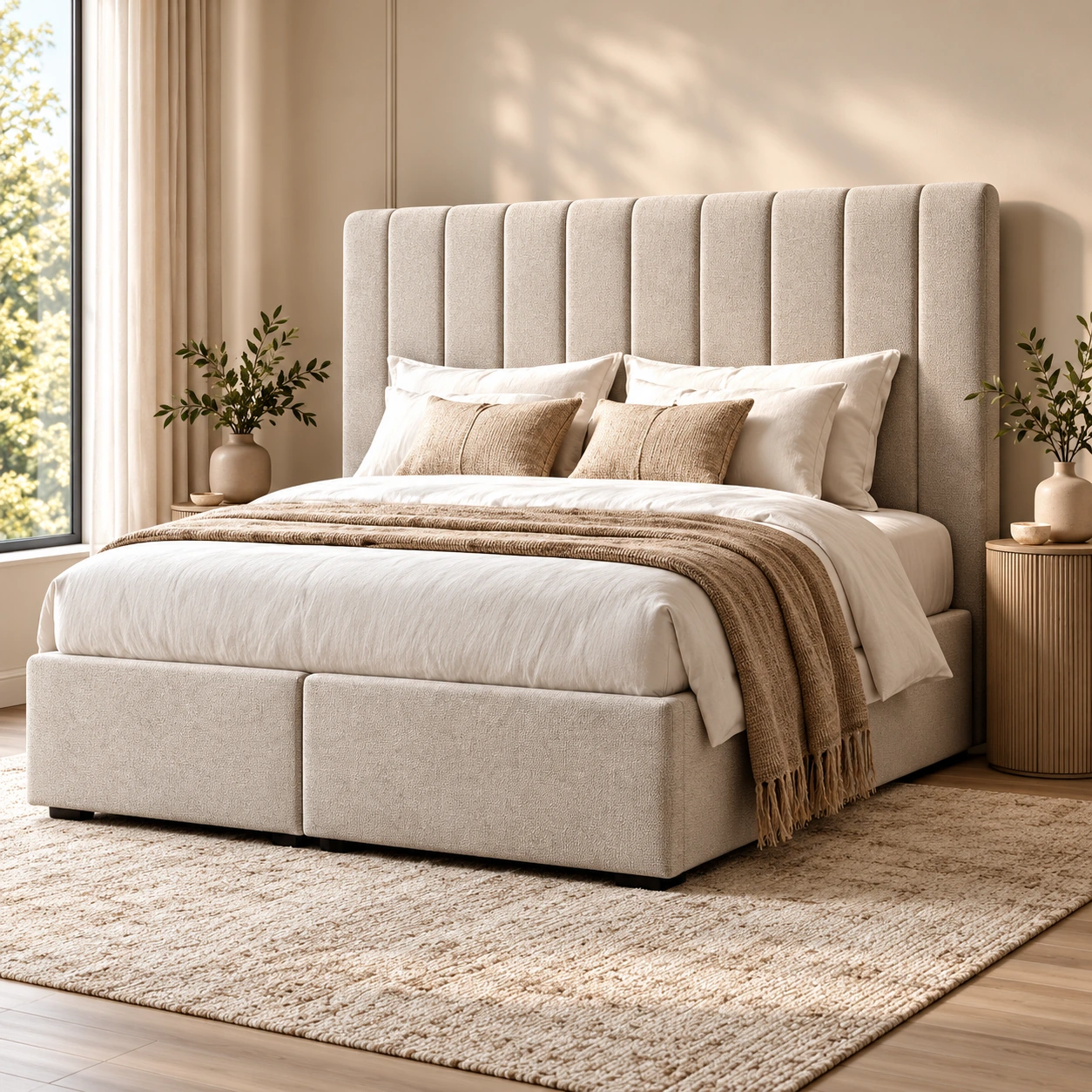 Model 01: zandkleurige boxspring met een verticaal gestoffeerd hoofdbord
