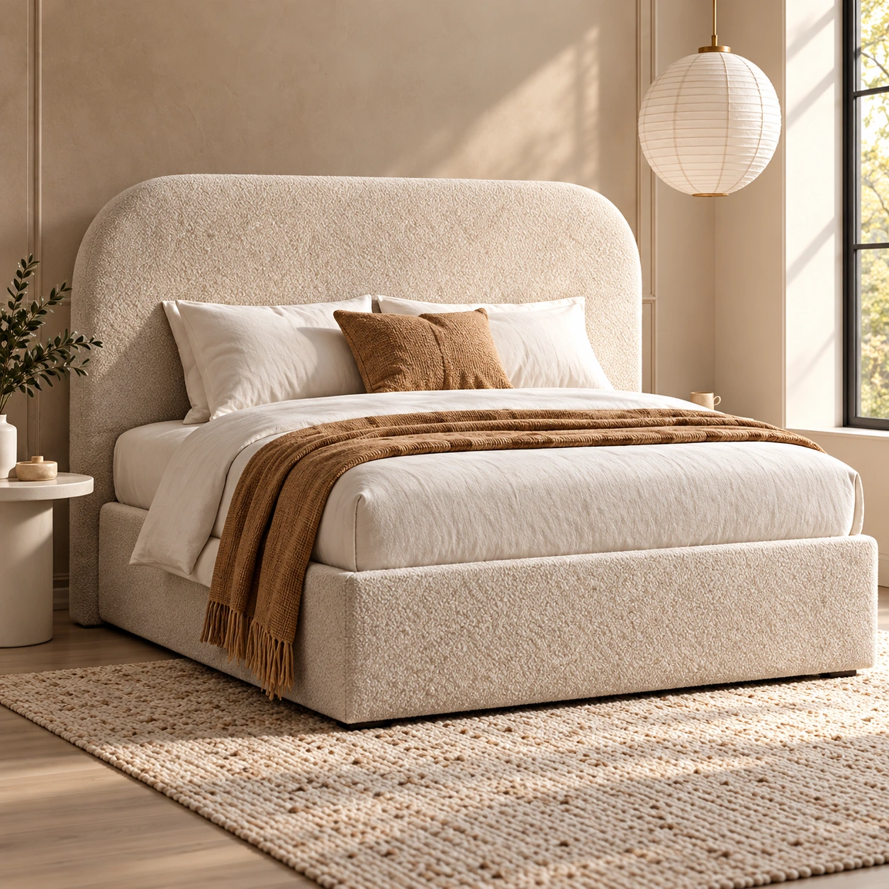 Model 03: crèmekleurige boxspring met een afgerond hoofdbord