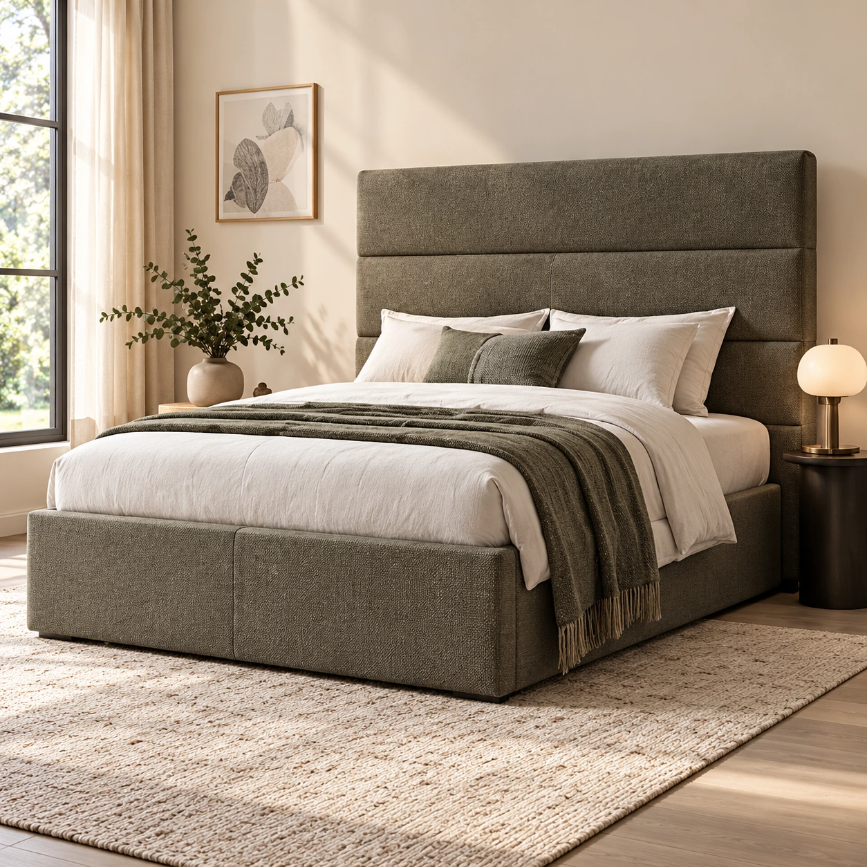 Model 04: taupekleurige boxspring met horizontale hoofdbordpanelen