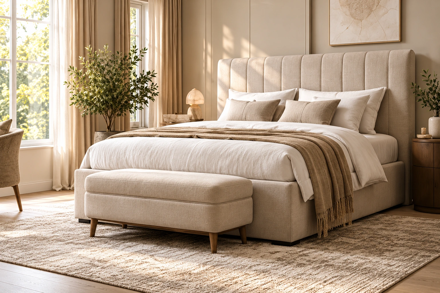 Lichte slaapkamer met beige boxspring en gestoffeerde bedbank