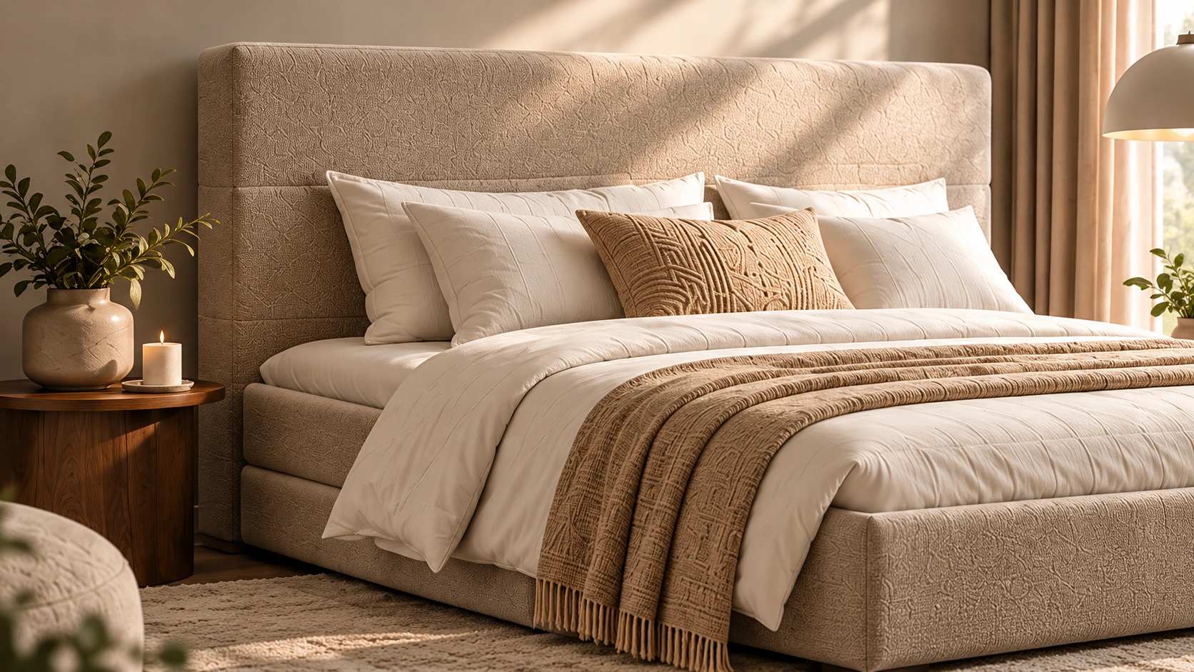 Warme slaapkamer met een crèmekleurige boxspring en natuurlijke materialen