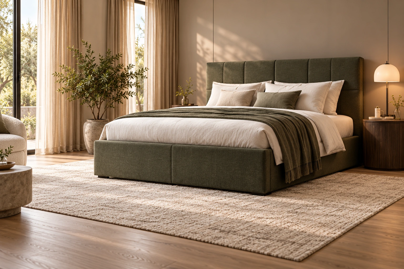 Ruime slaapkamer met olijfgroene boxspring en loopruimte rondom het bed
