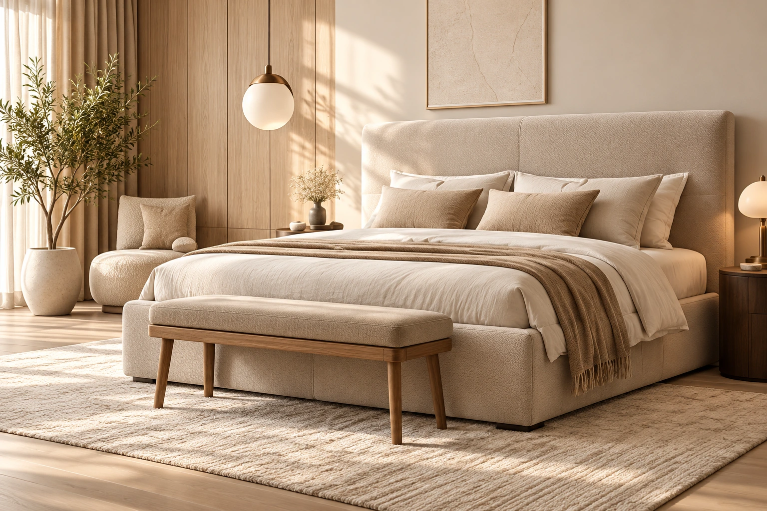 Rustige slaapkamer met een lichte boxspring, houten bedbank en warm daglicht